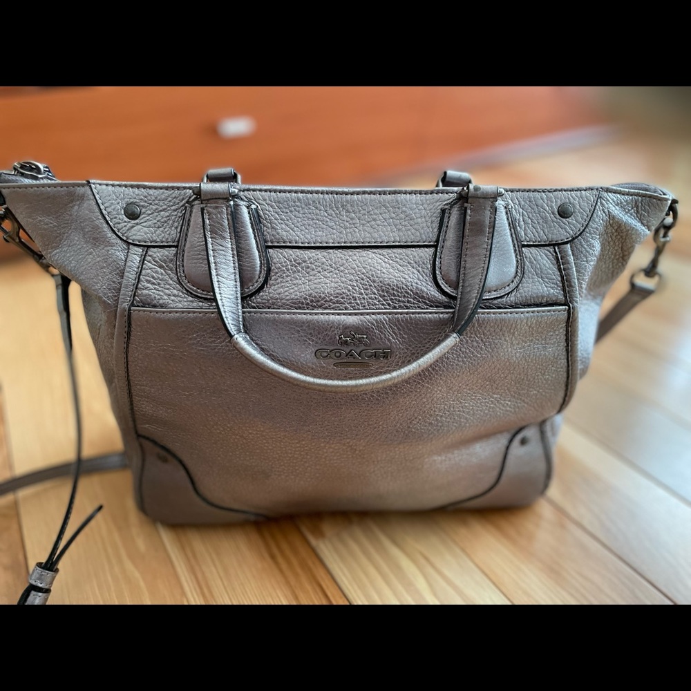 Coach silver letter satchels tote bag cross body purse zip closure.
